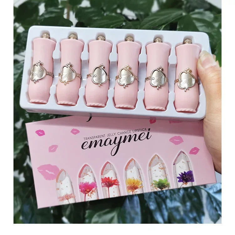6-Piece Flower Jelly Lip Balm Gift Set – Color-Changing, Moisturizing, Crystal Clear Finish