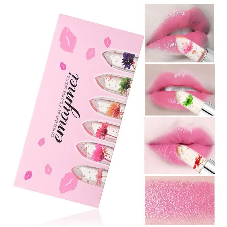 6-Piece Flower Jelly Lip Balm Gift Set – Color-Changing, Moisturizing, Crystal Clear Finish