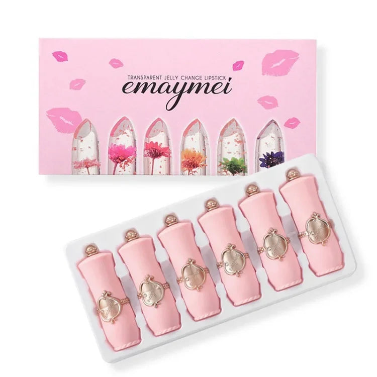 6-Piece Flower Jelly Lip Balm Gift Set – Color-Changing, Moisturizing, Crystal Clear Finish